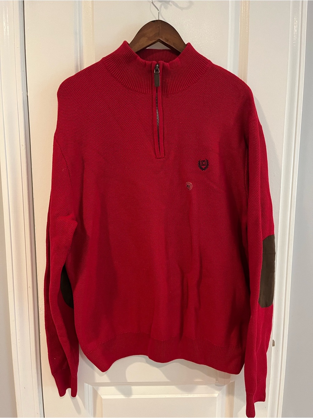 Chaps Men's Red Zip-Front Sweater with Suede Elbow Patches